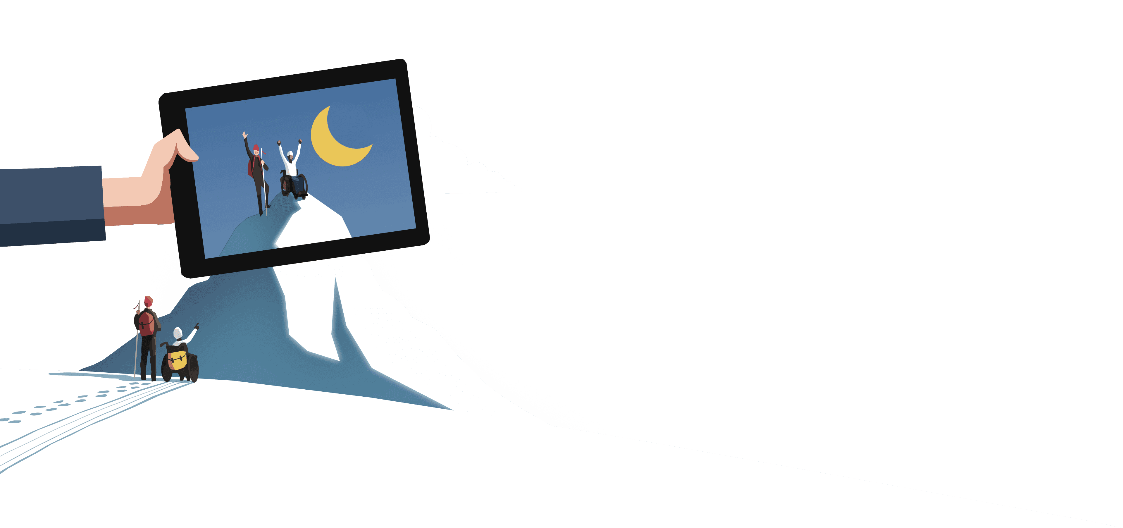 To eventyrere henholdsvis står og sitter ved foden af et bjerg. Over dem ser man en hånd som holder en tablet. På skærmen vises når eventyrerne har nået toppen af bjerget. Illustration.